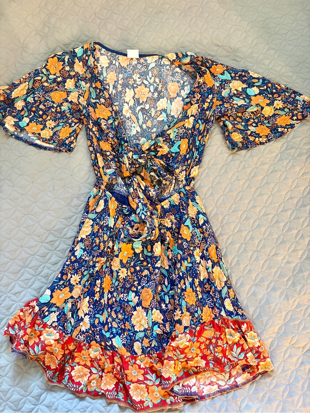 Selfie Leslie Rayon Navy Floral Top with Orange and Cream Accents